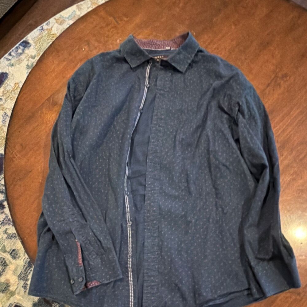 SYNRGY Geometric Cotton Button-Up Shirt Navy Burgundy Long Sleeve 1XL Men